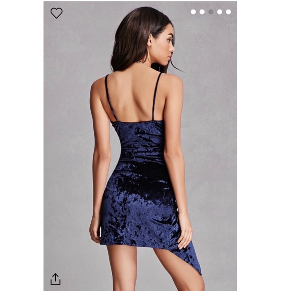 Velvet Navy Blue Asymmetrical Bodycon Dress - Picture 4 of 5